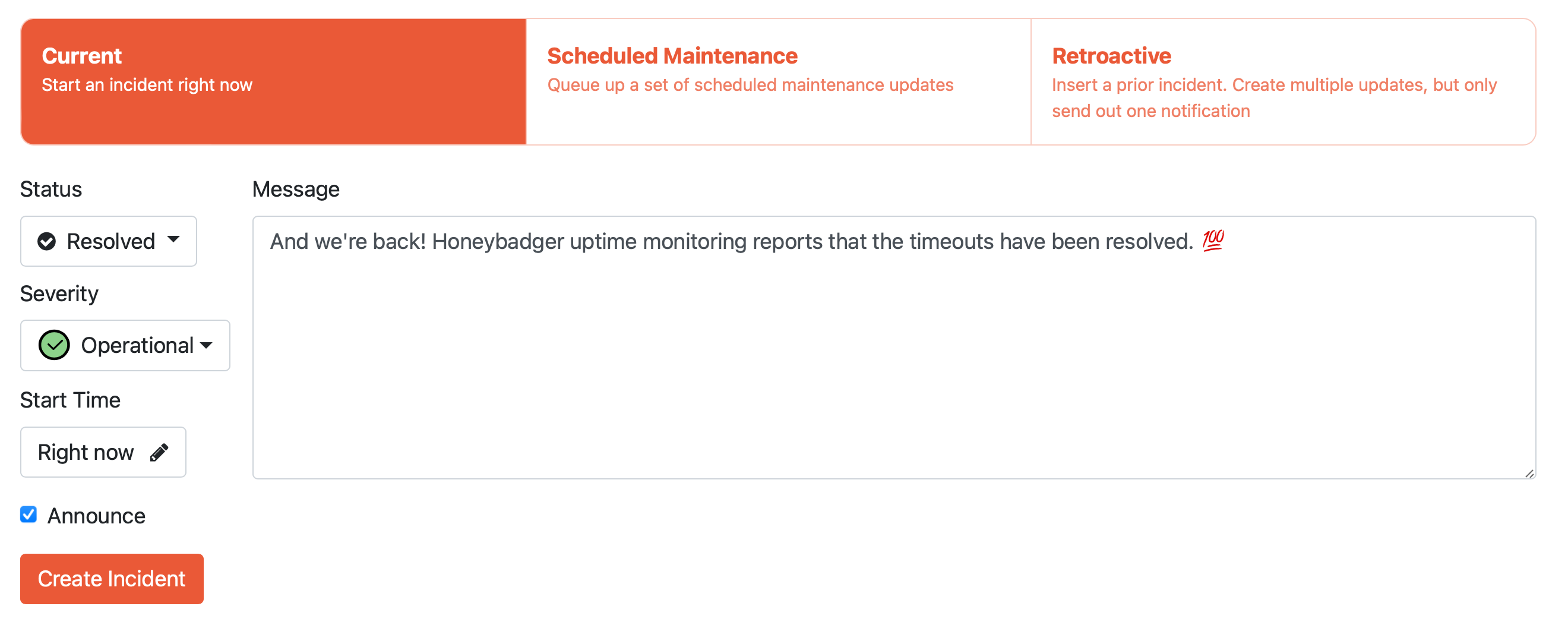 And we're back! Honeybadger uptime monitoring reports that the timeouts have been resolved.